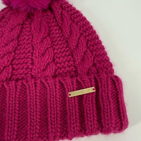 Michael Michael Kors Cable Knit Fleece Lined Hat with Pom-Pom in Fuchsia Pink - Picture 3 of 4